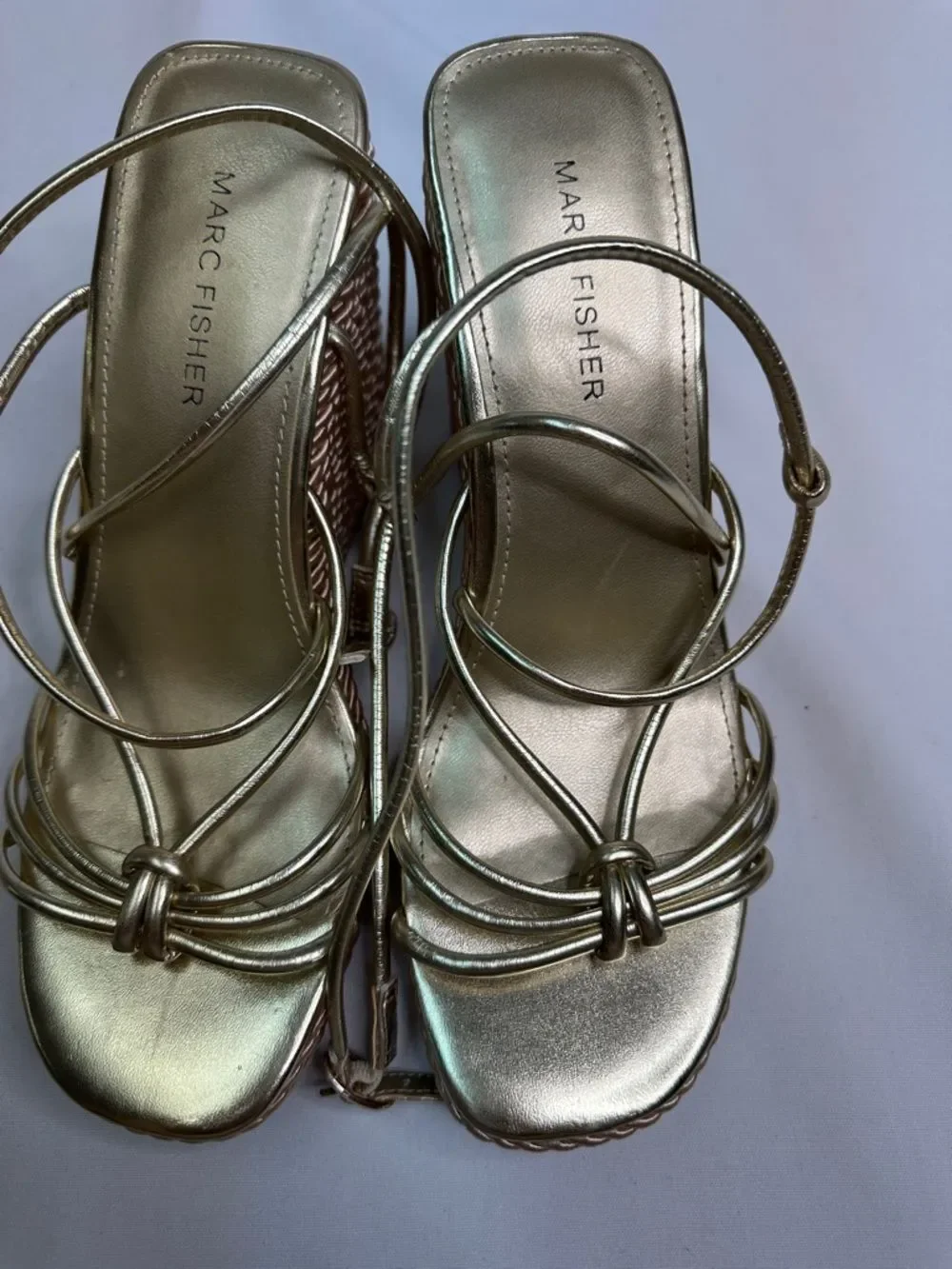 Marc Fisher Gold Metallic Strappy Wedge Sandals with Knot Detail